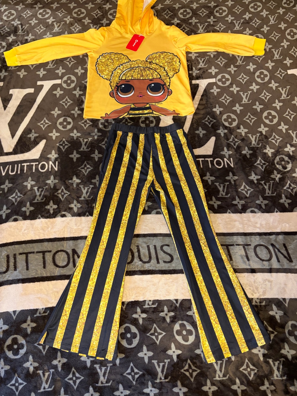LOL Yellow and Black Little Girls Hoodie Top & Stripe Pants Matching Set